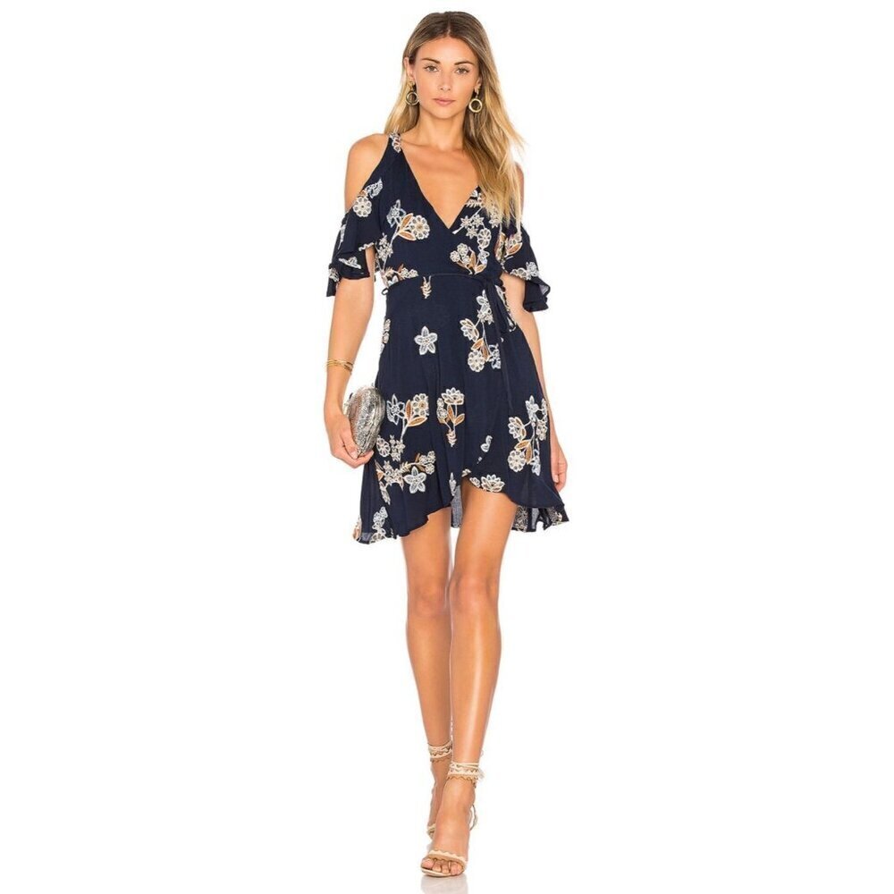 J.O.A JOA Los Angeles Revolve Embroidered Floral Dress Women's size S Navy Green